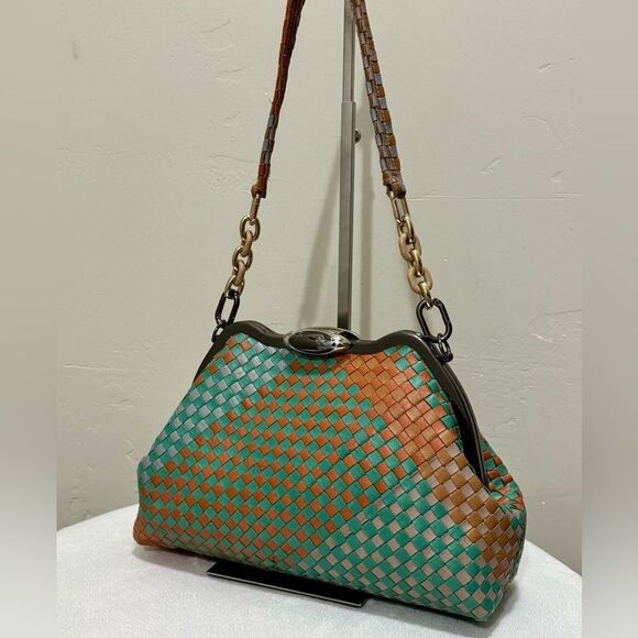 Colorblock Woven Cowhide Handmade Custom Metal Frame Handbag, Multi Use Style - Picture 7 of 16